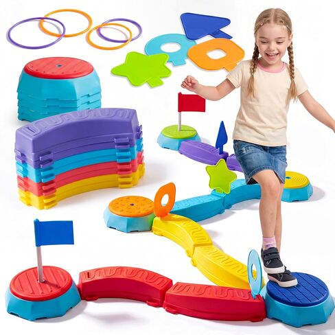 JOVA Plat-Act 4-in-1 Balance Beam & Stepping Stones for Kids Ages 3+, Obstacle Course Toy with Ring Toss & Flag Game, Non-Slip & Easy to Store & Clean, Indoor Outdoor Balance Play for Kids in Saudi Arabia