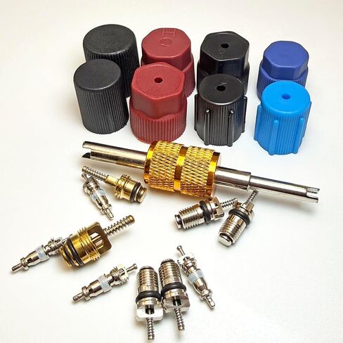 Air Conditioning Valve Core Kit | Car & Home AC R12 R134a Teflon Seal Refrigeration Schrader Valve Core with Valve Stem Core Rmover Tool Air Conditioning AC System Charging Port Seal Caps Kit in Kuwait