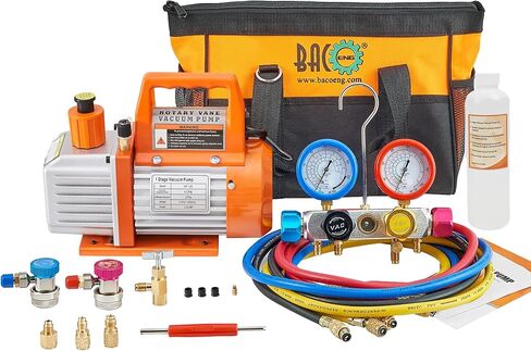 مضخة مكنسة كهربائية احترافية من BACOENG ومجموعة قياس ممتد - مجموعة خزان HVAC A/C - Diagnostic R12 R22 R134a R410A - مع جراب in Kuwait