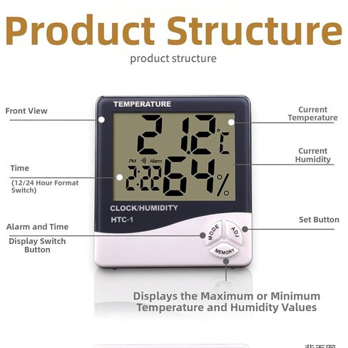 for HTC-1 Digital Indoor Thermometer Hygrometer with Alarm Clock, Temperature Humidity Monitor, Large Display for Home, Office, Room in Kuwait