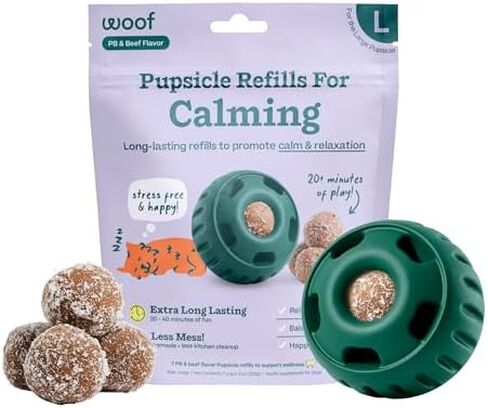 WOOF Pupsicle Calming Starter Kit - Pupsicle and Calming Pops Bundle - Long-Lasting Interactive Dog Toy - 7 Refills with Thiamine, Tryptophan, Passion Flower for Medium and Large Dogs 25-75 lbs in Kuwait