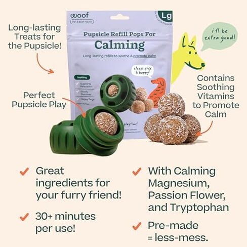 WOOF Pupsicle Calming Starter Kit - Pupsicle and Calming Pops Bundle - Long-Lasting Interactive Dog Toy - 7 Refills with Thiamine, Tryptophan, Passion Flower for Medium and Large Dogs 25-75 lbs in Kuwait