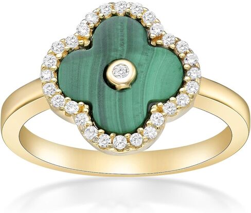 Lavari Jewelers Black Onyx Green Malachite or Mother of Pearl and Cubic Zirconia Four Leaf Clover Ring for Women in 925 Sterling Silver Anniversary Ring Size 6 to 8 in Kuwait