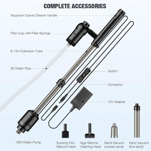 AKKEE Aquarium Vacuum Gravel Cleaner, 18W Electric Fish Tank Cleaner Vacuum, 6 in 1 Multifunctional Aquarium Cleaner for Automatic Water Change, Wash Sand, Water Circulation and Timed Off in Saudi Arabia