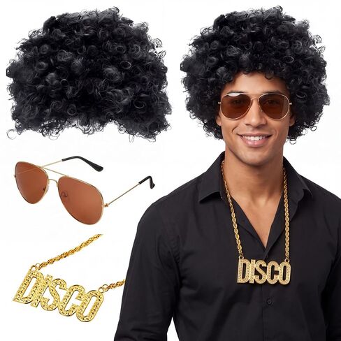 Gejoy Hippie Disco Costume Set Men Women Funky Afro Wig Sunglasses Necklace for 50/60/70s Disco Theme Party (Black) in Kuwait