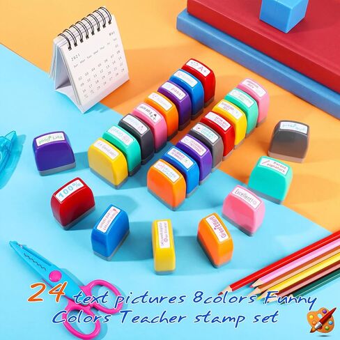 24 Pcs Teacher Stamps for Classroom Self Inking Grading Stamps Colorful Picture Stamps for Parent Signature School Teacher Motivation Encouraging Comments for Kids Education Homework School Prizes in Kuwait