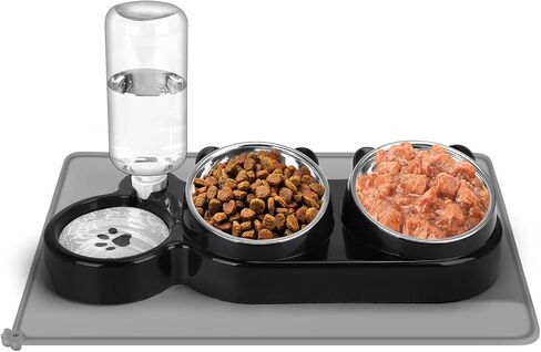 Cat Food and Water Bowl Set, Stainless Steel Raised Cat Bowls with Automatic Water Bottle & Waterproof Mat for Cats/Puppies, 3 in 1 Pet Feeding Station for Wet/Dry Food, Black in Kuwait