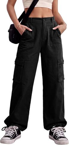 Women's High Waisted Cargo Pants Travel Y2K Streetwear Baggy Stretchy Pants with 6 Pockets Drawstring Ankle Cuffs in Kuwait