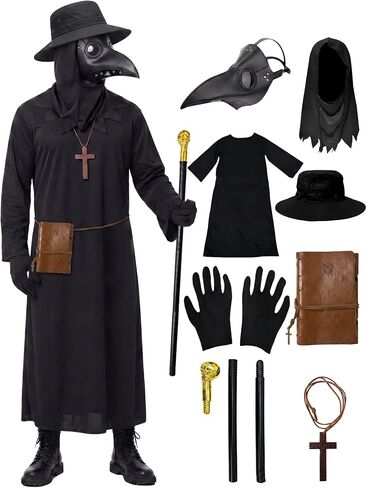 HAOSUN Plague Doctor Costume Set 8 in 1 Steampunk Halloween Plague Doctor Mask Outfit for Men Adults (Costume 8 in 1 set) in Kuwait