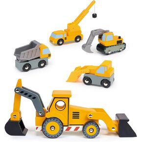 Mentari Wooden Construction Vehicles Bundle - Pretend Play Building Site Toy Set with Trucks & Crane - Interactive Engineering Toys for Kids & Toddlers Age 3+ in Kuwait