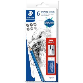 مجموعة فنية من Staedtler Mars Lumograph | 6 أقلام رسم متنوعة للرسم، ممحاة مكعبات البوليمر ومبراة معدنية 61 100 C6 in Kuwait