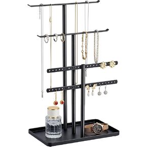 pickpiff Jewelry Stand Organizer, 14.5" Tall Sturdy Metal, 3-Tier Jewelry Holder for Necklace, Earring, Bracelet, Ring, Hanger for Display and Storage, Aesthetic Room Decor, Black in Saudi Arabia
