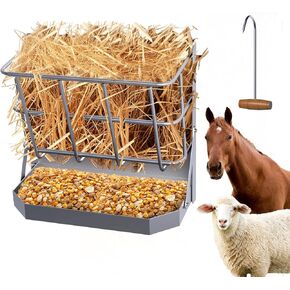 Goat Hay Feeder, 21 Gallon Large Capacity Hay Rack, 2 in 1 Hay and Grain Feeder, Wall Mounted Livestock Feeder with Feed Tray Wall Hay Rack for Sheep, Horses, Goats, Metal Hay Holder in Farm in Kuwait