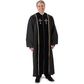 Catholic Factory Outlet Black Pulpit Robe with Beautiful Gold Embroidery (55 Medium: 5'8" - 5'9" Height. 55" Back Length. 33" Sleeve Length) in Saudi Arabia