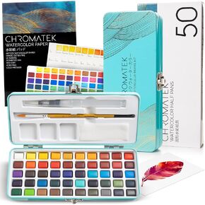 CHROMATEK Watercolor Paint Set, 50 Vivid Colors, Water Color Paper Pad, Brush, Aqua Pen, Palette, Color Chart, Swatch Sheets & Metal Travel Case, Premium All-In-One Art Travel Kit Art Supplies in Kuwait