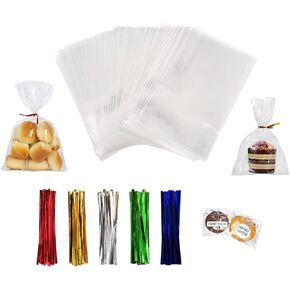 XLSFPY 100PCS Cellophane Bags Clear Plastic Cello Bags 4x6 with 4" Twist Ties 5 Mix Colors - 1.4 mils Thick OPP Treat Bags for Gift Wrapping Packaging Decorations Storage (4'' x 6'') in Saudi Arabia