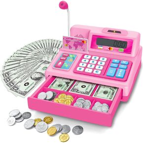 Calculator Cash Register - 103 Pcs Toy Cash Register, Microphone, Credit Card and Banking for Kids, Early Math Skills Toys Gifts for 3, 4, 5, 6 7 8+ Years Old Boys Girls in Kuwait