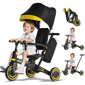 WinHope 9-in-1 Foldable Kids Tricycle with Push Handle and Canopy(Black) in Kuwait