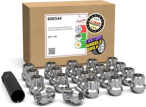 Wheel Accessories Parts Set of 20 Chrome M12x1.25 Small Diameter Lug Nuts Bulge Acorn Spline Drive Open End 0.85"(21.5mm) Long with Dual Hex Key (20, 12x1.25, Chrome) in Kuwait