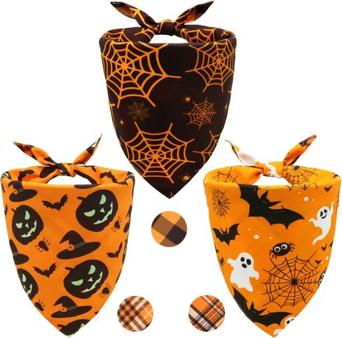 Halloween Dog Bandanas 3 Pack Large Fall Pet Scarf Orange Plaid in Kuwait