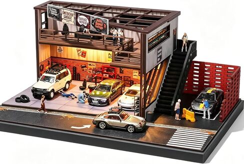 kivcmds Display Case for Hot Wheels & Matchbox, Toy Car Garage with LED Lights, Auto Workshop Parking Garage Diorama for 1/64 Diecast Cars Display Storage in Kuwait