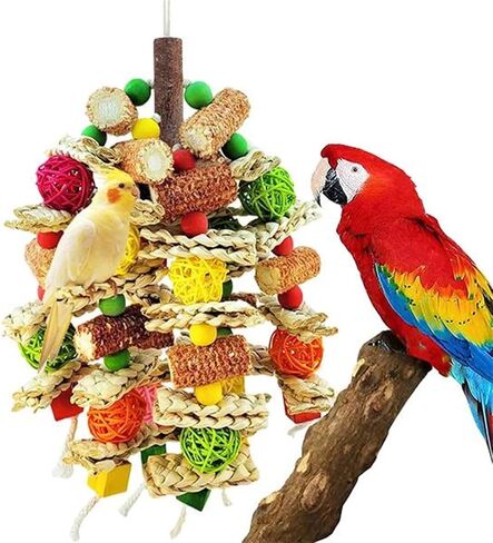 Parrot Chew Toy, Natural Material Bird Foraging Toy for Conures, Quaker Parrots, Medium-Sized Birds - Colorful Hanging Shredding Toy with Woven Ball, Corn Cob and Wooden Beads in Saudi Arabia