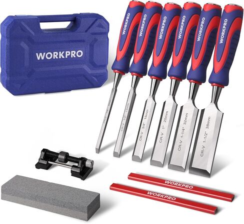 WORKPRO 10-Piece Wood Chisel Set for Woodworking, Cr-V Bevel Edge Chisels (1/4", 1/2", 3/4", 1", 1-1/4", 1-1/2") with Sharpening Stone, Honing Guide, Carpenter Pencils & Storage Case in Kuwait