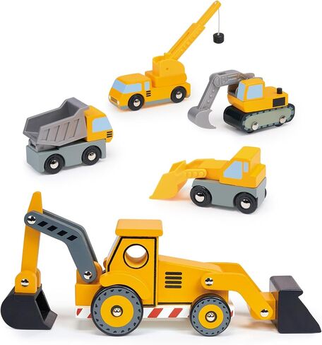 Mentari Wooden Construction Vehicles Bundle - Pretend Play Building Site Toy Set with Trucks & Crane - Interactive Engineering Toys for Kids & Toddlers Age 3+ in Kuwait