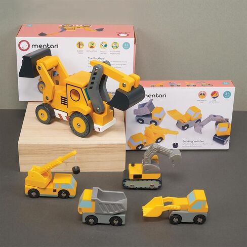 Mentari Wooden Construction Vehicles Bundle - Pretend Play Building Site Toy Set with Trucks & Crane - Interactive Engineering Toys for Kids & Toddlers Age 3+ in Kuwait