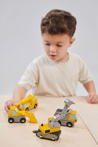 Mentari Wooden Construction Vehicles Bundle - Pretend Play Building Site Toy Set with Trucks & Crane - Interactive Engineering Toys for Kids & Toddlers Age 3+ in Kuwait