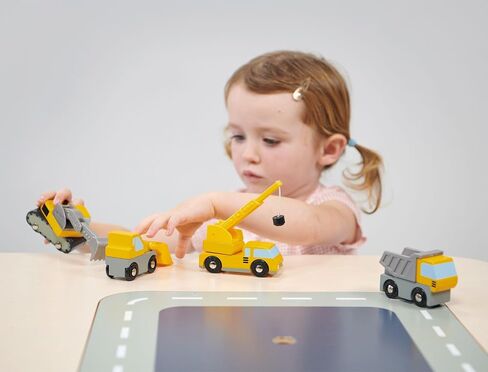 Mentari Wooden Construction Vehicles Bundle - Pretend Play Building Site Toy Set with Trucks & Crane - Interactive Engineering Toys for Kids & Toddlers Age 3+ in Kuwait