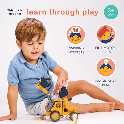 Mentari Wooden Construction Vehicles Bundle - Pretend Play Building Site Toy Set with Trucks & Crane - Interactive Engineering Toys for Kids & Toddlers Age 3+ in Kuwait