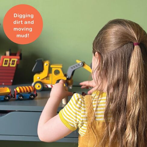 Mentari Wooden Construction Vehicles Bundle - Pretend Play Building Site Toy Set with Trucks & Crane - Interactive Engineering Toys for Kids & Toddlers Age 3+ in Kuwait