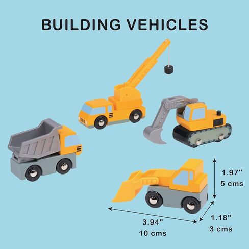 Mentari Wooden Construction Vehicles Bundle - Pretend Play Building Site Toy Set with Trucks & Crane - Interactive Engineering Toys for Kids & Toddlers Age 3+ in Kuwait
