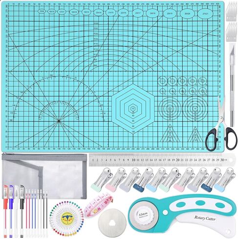 Rotary Cutting Mat and Tools Set, Audab 45mm Fabric Cropping Cutter Wheel with A3 Self Healing Sewing Mat, Blades, Quilting Ruler and Clips, Crafts Knife for Shirt Cloth Patchworking Scrapbooking in Saudi Arabia