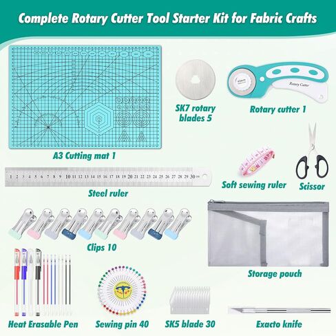 Rotary Cutting Mat and Tools Set, Audab 45mm Fabric Cropping Cutter Wheel with A3 Self Healing Sewing Mat, Blades, Quilting Ruler and Clips, Crafts Knife for Shirt Cloth Patchworking Scrapbooking in Saudi Arabia