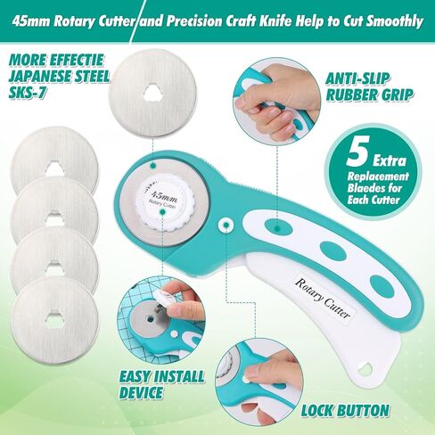 Rotary Cutting Mat and Tools Set, Audab 45mm Fabric Cropping Cutter Wheel with A3 Self Healing Sewing Mat, Blades, Quilting Ruler and Clips, Crafts Knife for Shirt Cloth Patchworking Scrapbooking in Saudi Arabia