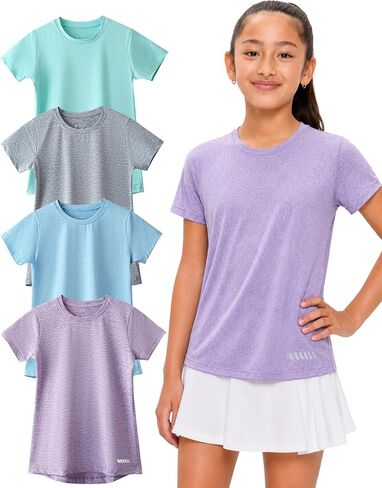 4 Pack: Youth Girls Athletic Shirts, Short Sleeve Dry Fit Apparel Tech Tshirts, Sports Activewear for Kids Teens in Kuwait