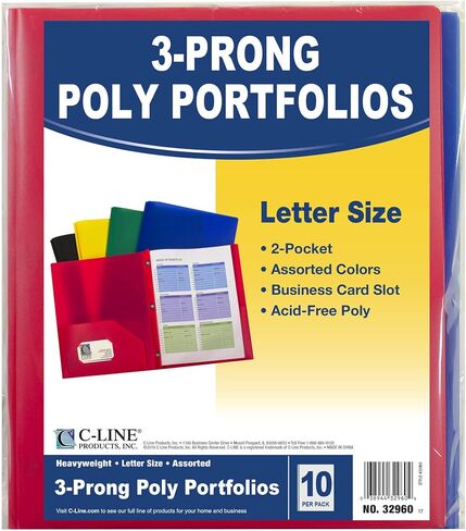 C-Line Two-Pocket Heavyweight Poly Portfolio with Prongs, for Letter Size Papers, Includes Business Card Slot, Blue, 10 Pack (32965) in Kuwait