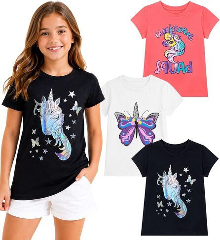 MISS POPULAR Girls 3-Pack Super Soft Short Sleeve T-Shirts Unicorn Butterfly Glitter Print Cute Design| Sizes 7-16 in Kuwait