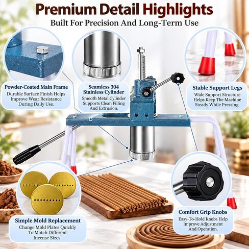 Manual Buddha Incense/Clay Extruder with 3 Different Sized Mould Plates(2/2.5/3mm), Manual Stick Incense Making Machine, Adjustable Bracket Length 50–56cm & Lever-Style, for DIY Fragrance in Saudi Arabia