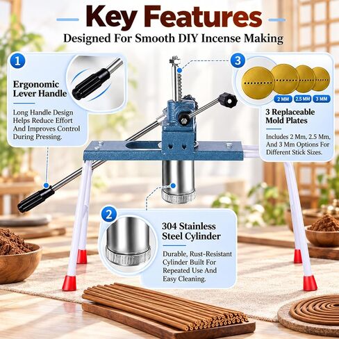 Manual Buddha Incense/Clay Extruder with 3 Different Sized Mould Plates(2/2.5/3mm), Manual Stick Incense Making Machine, Adjustable Bracket Length 50–56cm & Lever-Style, for DIY Fragrance in Saudi Arabia