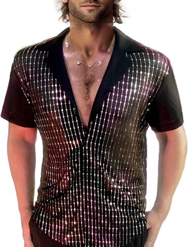 AIBEIX Mens Mesh Sequins See Through 70s Disco Long Sleeve Button Down Shirts in Saudi Arabia