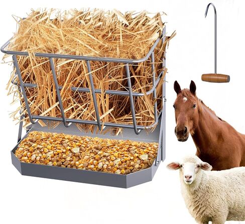 Goat Hay Feeder, 21 Gallon Large Capacity Hay Rack, 2 in 1 Hay and Grain Feeder, Wall Mounted Livestock Feeder with Feed Tray Wall Hay Rack for Sheep, Horses, Goats, Metal Hay Holder in Farm in Kuwait