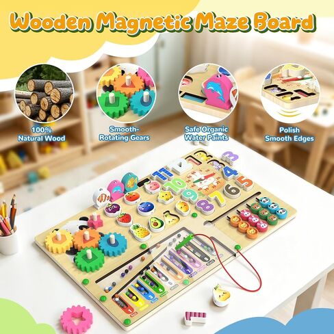 9-in-1 Montessori Busy Board Wooden Magnetic Maze Toy for 3+ Year Old Gift in Kuwait