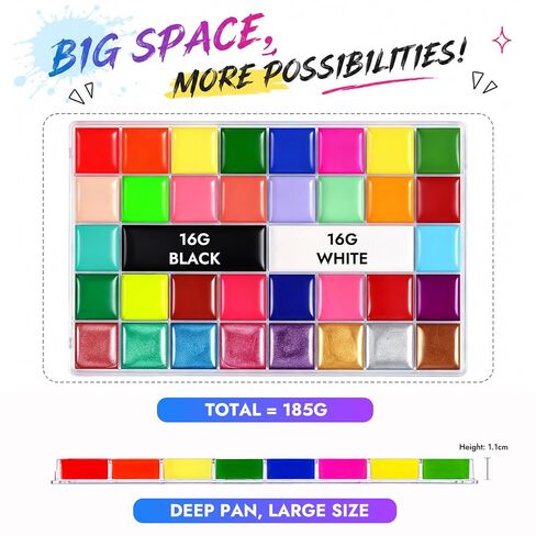 36 Colors Face Body Paint Palette with 11 UV Reactive Shades, Oil-Based Large Black & White Face Painting Kit for Halloween FX Cosplay Party Costume Festival Stage Art Makeup Full Size 6.5oz in Kuwait