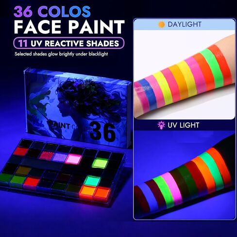 36 Colors Face Body Paint Palette with 11 UV Reactive Shades, Oil-Based Large Black & White Face Painting Kit for Halloween FX Cosplay Party Costume Festival Stage Art Makeup Full Size 6.5oz in Kuwait