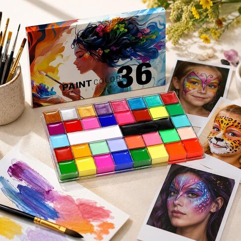36 Colors Face Body Paint Palette with 11 UV Reactive Shades, Oil-Based Large Black & White Face Painting Kit for Halloween FX Cosplay Party Costume Festival Stage Art Makeup Full Size 6.5oz in Kuwait