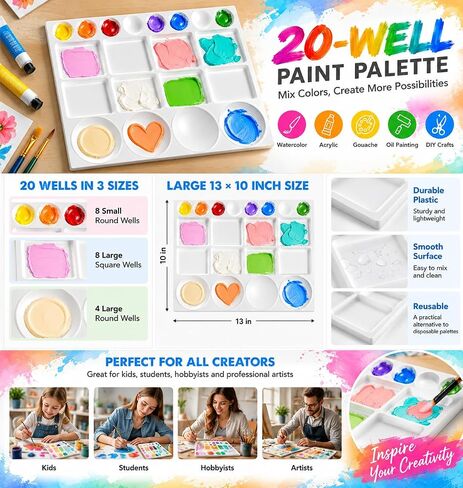 20-Well Paint Palette, Plastic Mixing Tray for Watercolor, Acrylic, Gouache in Kuwait
