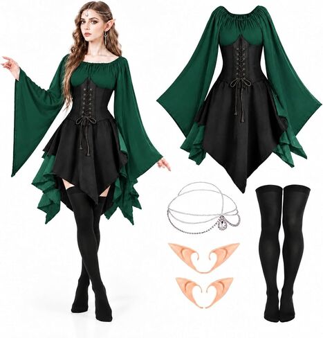 Eurzom Medieval Fairy Costume Set Women's Renaissance Dress Elf Girls Cosplay Accessories Rhinestone Drop Headpiece Elf Ears in Kuwait